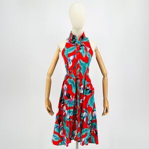 Vintage 80s Bekhore Sydney COTTON Hawaiian Tropical Sleeveless Halter Dress